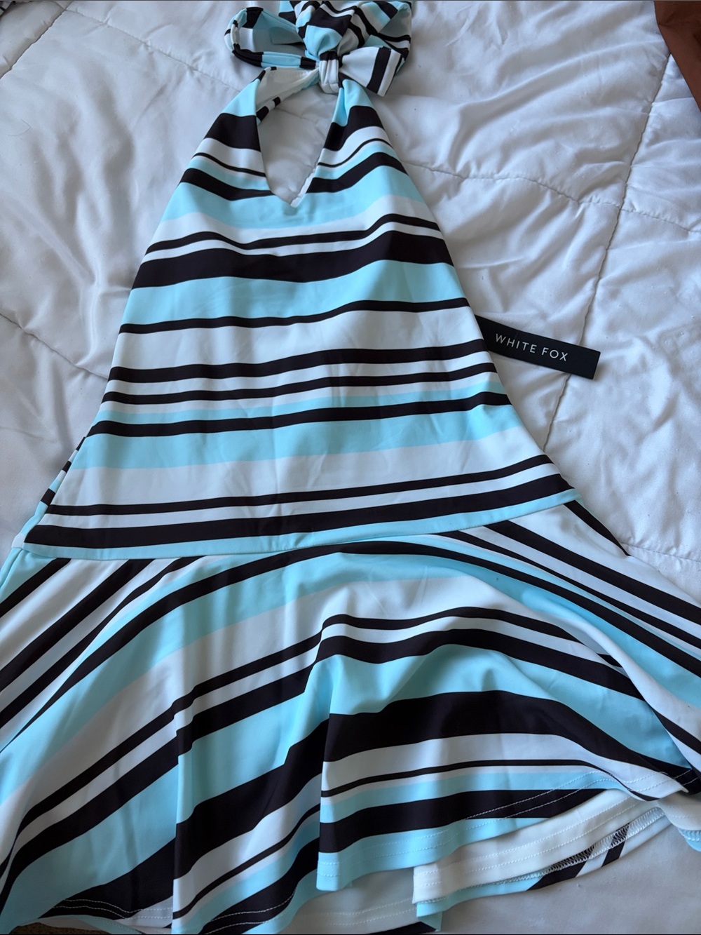 White Fox Boutique Striped Halter Mini Dress in Light Blue, White, Black